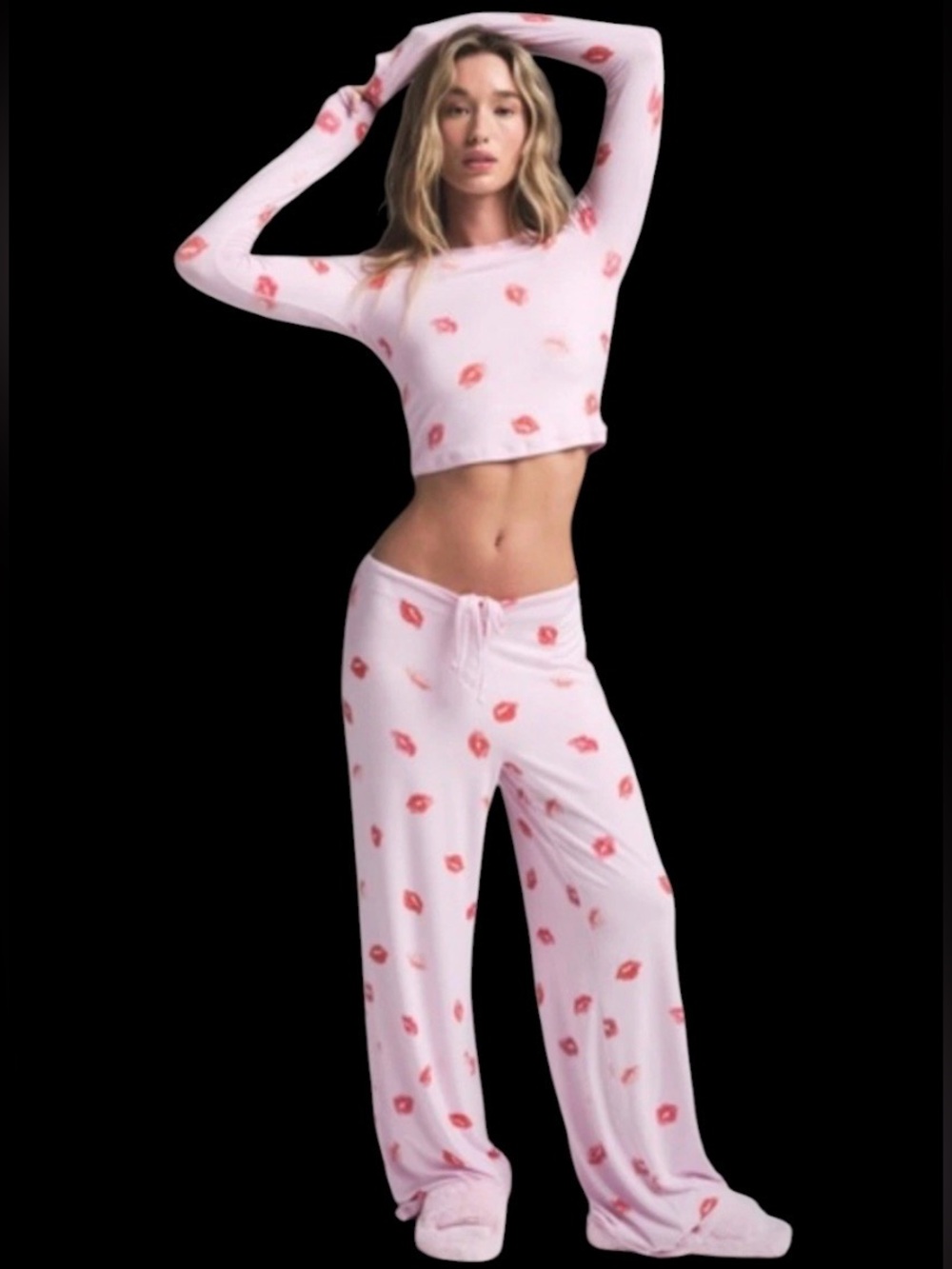SKIMS Sleep Cropped Long Sleeve SET Cherry Blossom Lipstick Top XS / Pants M